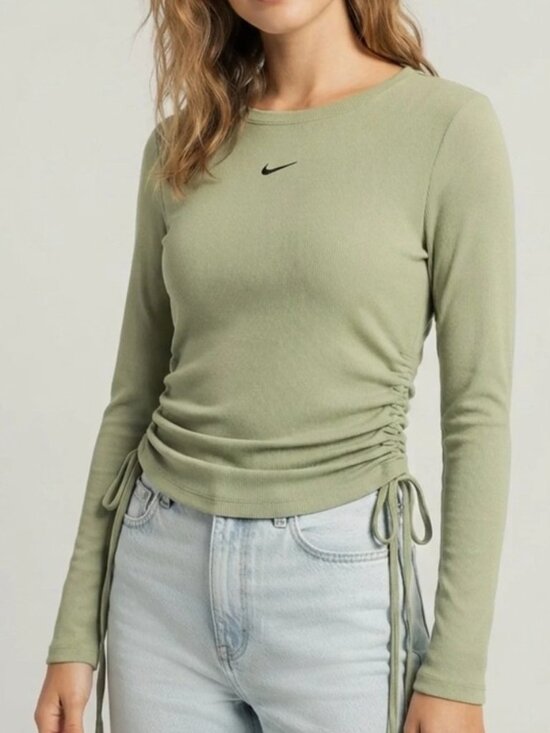 Nike Tops - Nike swoosh ruched side ribbed long sleeve top sage green women's size L